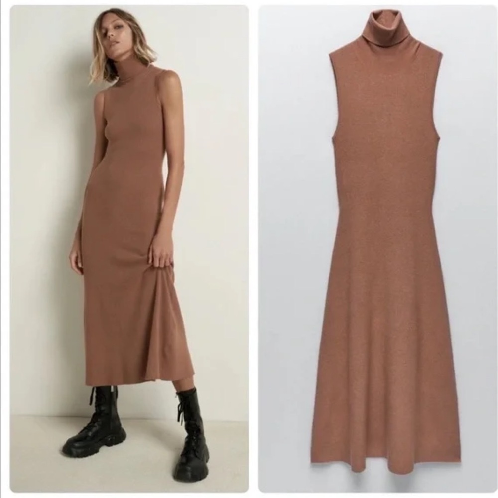 Zara Brown Ribbed Sheath Midi Dress